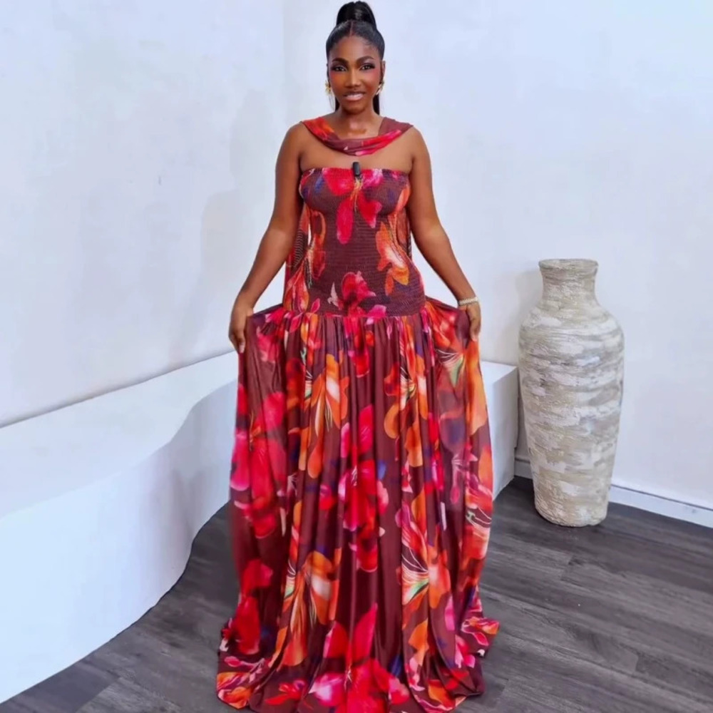 ZARA Women African Print Off Shoulder Sexy Pleated Maxi Dress